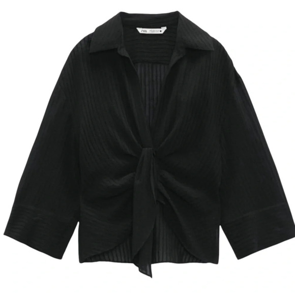 ZARA Knotted V Neck Collard Button Front Wide Sleeve Draped Textured Blouse - Picture 11 of 12